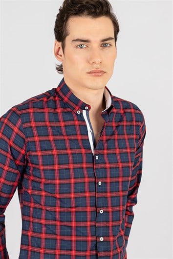 Slim Fit Uzun Kollu Düğmeli Yaka Kareli Pamuklu Kolay Ütü Erkek Gömlek
