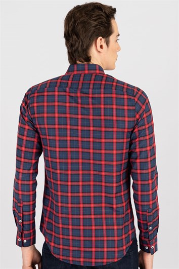 Slim Fit Uzun Kollu Düğmeli Yaka Kareli Pamuklu Kolay Ütü Erkek Gömlek