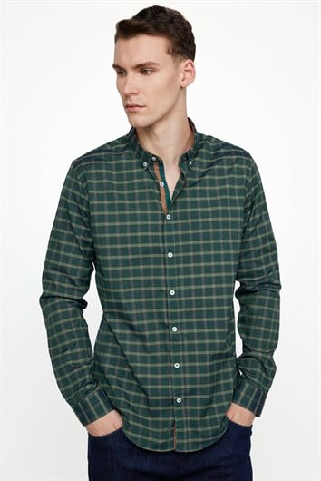 Slim Fit Uzun Kollu Düğmeli Yaka Kareli Pamuklu Kolay Ütü Erkek Gömlek