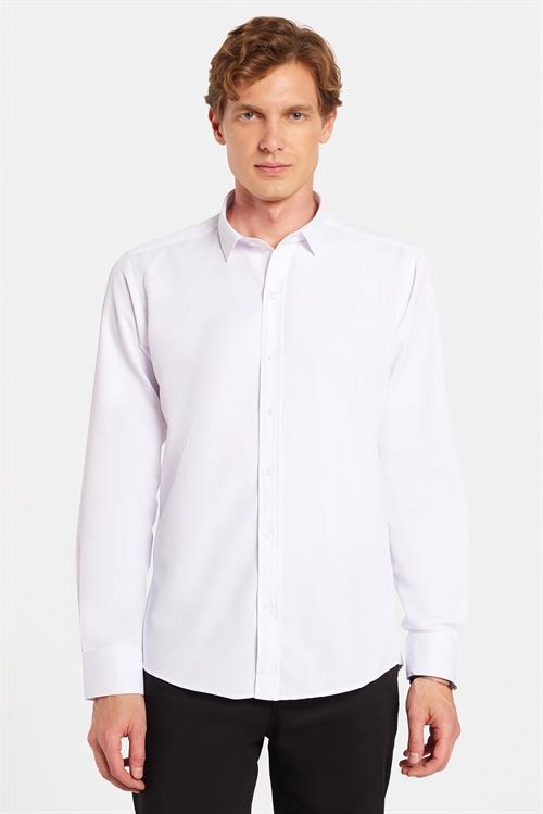 Modern Slim Fit Uzun Kollu Pamuklu Kolay Ütü Armürlü Beyaz Erkek Gömlek
