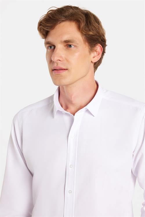 Modern Slim Fit Uzun Kollu Pamuklu Kolay Ütü Armürlü Beyaz Erkek Gömlek