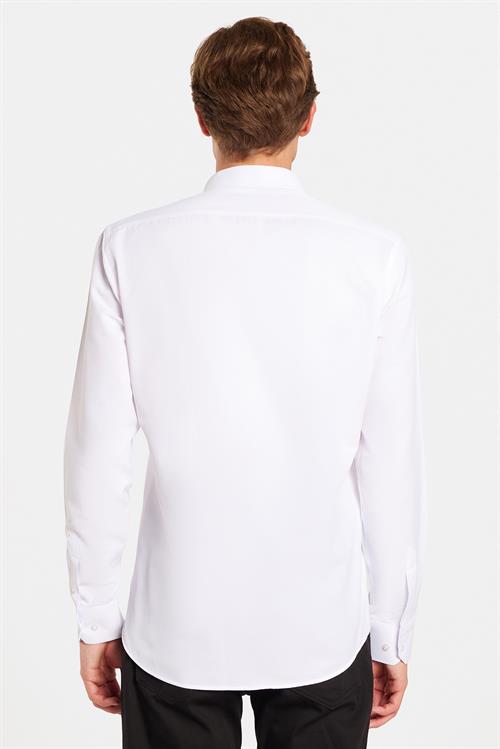 Modern Slim Fit Uzun Kollu Pamuklu Kolay Ütü Armürlü Beyaz Erkek Gömlek
