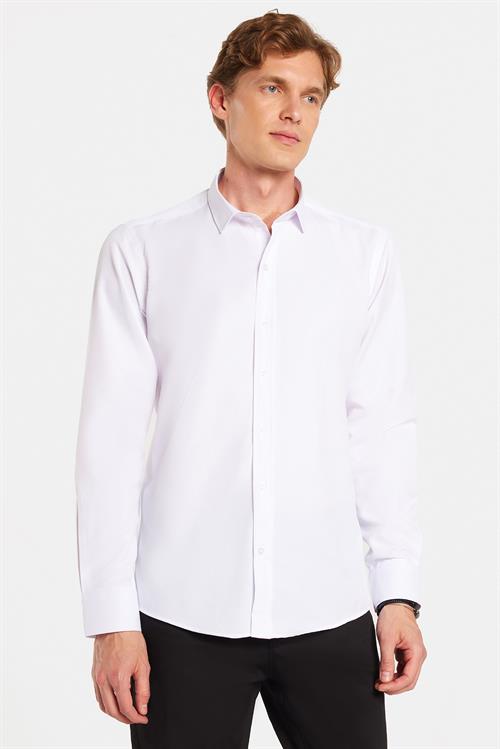 Modern Slim Fit Uzun Kollu Pamuklu Kolay Ütü Armürlü Beyaz Erkek Gömlek
