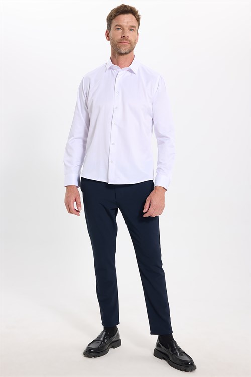 Slim Fit Uzun Kollu Pamuklu Düz Erkek Beyaz Gömlek