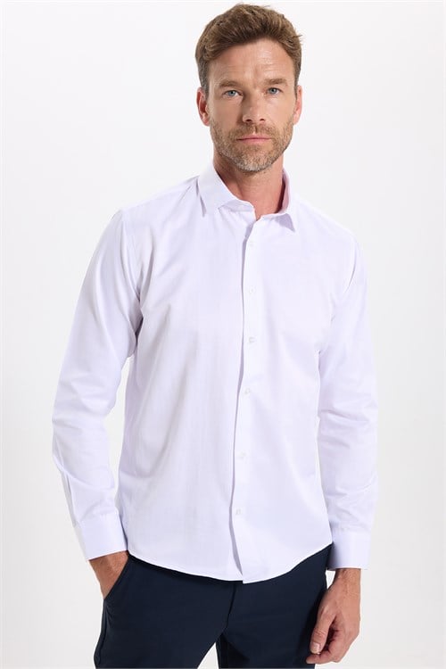 Slim Fit Uzun Kollu Pamuklu Düz Erkek Beyaz Gömlek