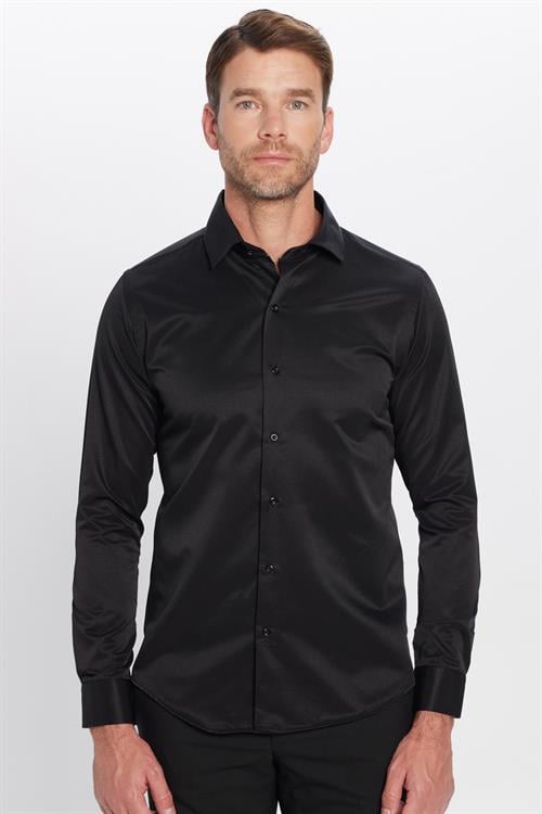 Erkek Slim Fit Dar Kesim Pamuklu Düz Siyah Gömlek