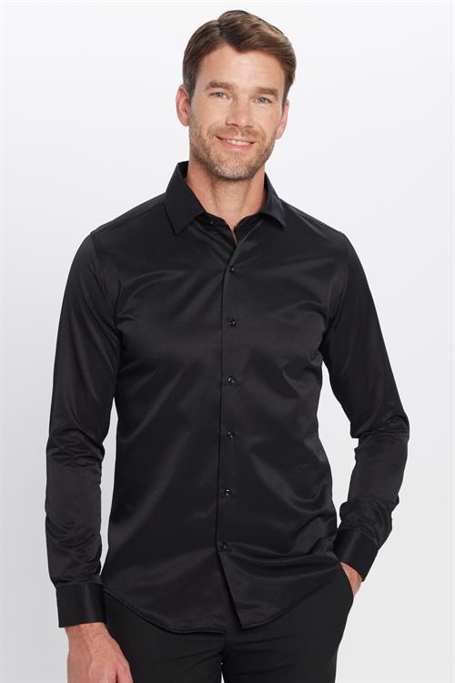 Erkek Slim Fit Dar Kesim Pamuklu Düz Siyah Gömlek
