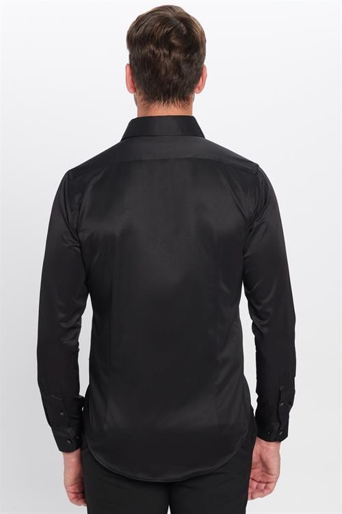 Erkek Slim Fit Dar Kesim Pamuklu Düz Siyah Gömlek