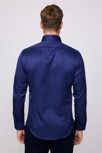 Slim Fit Uzun Kollu Pamuklu Düz Erkek Lacivert Gömlek
