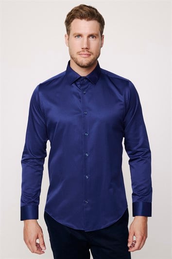Slim Fit Uzun Kollu Pamuklu Düz Erkek Lacivert Gömlek