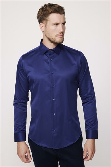 Slim Fit Uzun Kollu Pamuklu Düz Erkek Lacivert Gömlek