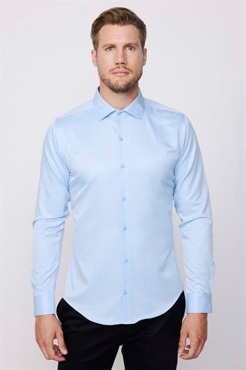 Slim Fit Uzun Kollu Pamuklu Düz Erkek Mavi Gömlek
