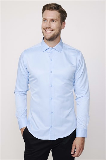 Slim Fit Uzun Kollu Pamuklu Düz Erkek Mavi Gömlek