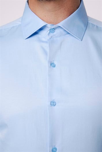 Slim Fit Uzun Kollu Pamuklu Düz Erkek Mavi Gömlek