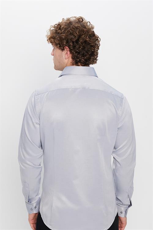 Slim Fit Uzun Kollu Pamuklu Düz Erkek Gri Gömlek