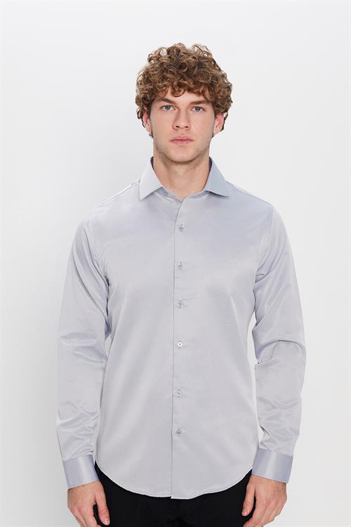 Slim Fit Uzun Kollu Pamuklu Düz Erkek Gri Gömlek