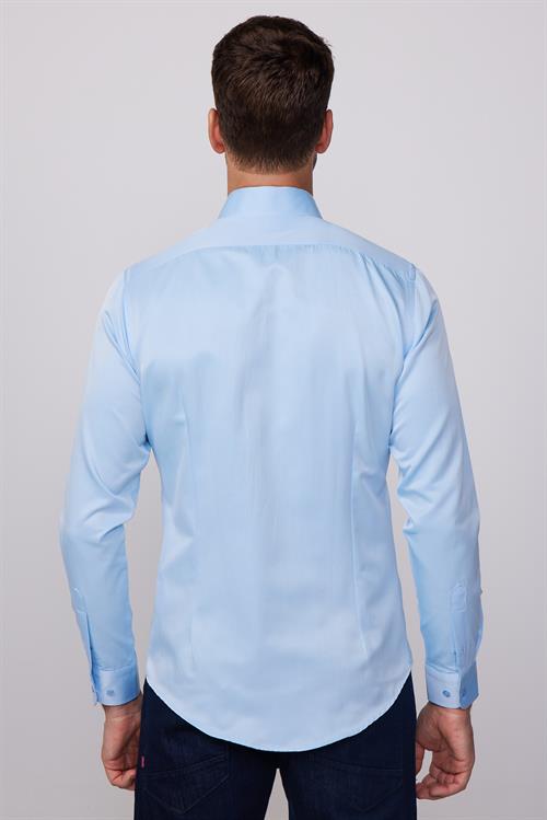 Slim Fit Uzun Kollu Pamuklu Düz Erkek Mavi Gömlek