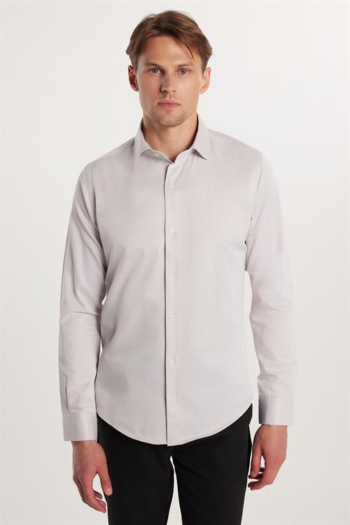 Slim Fit Uzun Kollu Pamuklu Düz Erkek Bej Gömlek