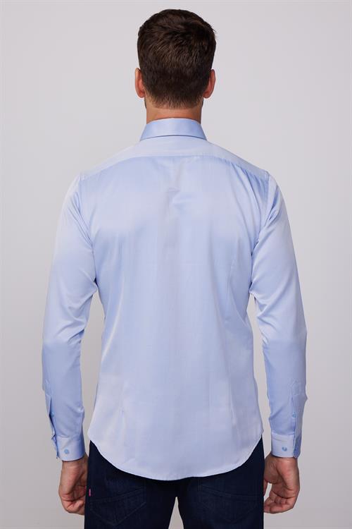 Slim Fit Uzun Kollu Pamuklu Düz Erkek İndigo Gömlek