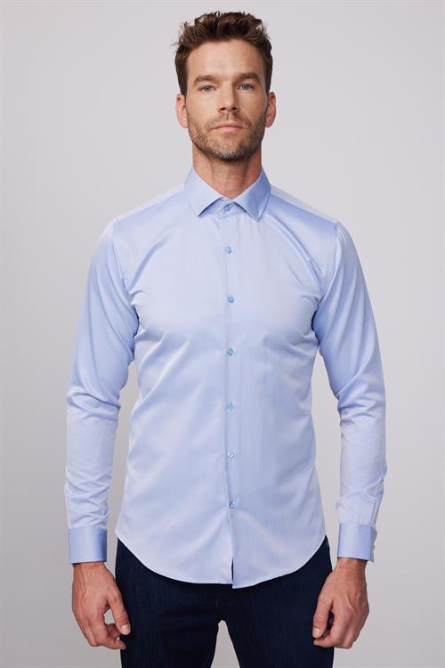 Slim Fit Uzun Kollu Pamuklu Düz Erkek İndigo Gömlek