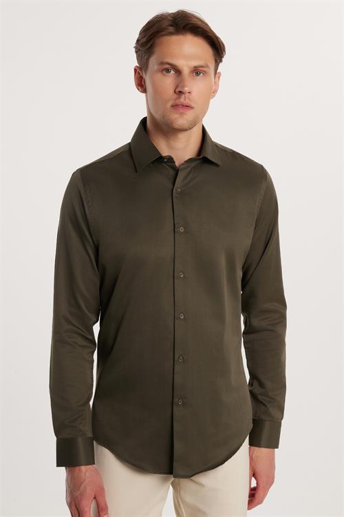 Erkek Slim Fit Dar Kesim Pamuklu Haki Gömlek