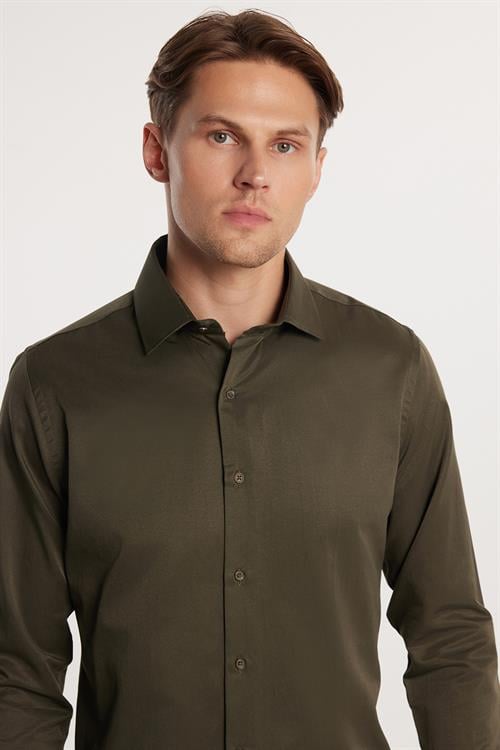 Erkek Slim Fit Dar Kesim Pamuklu Haki Gömlek