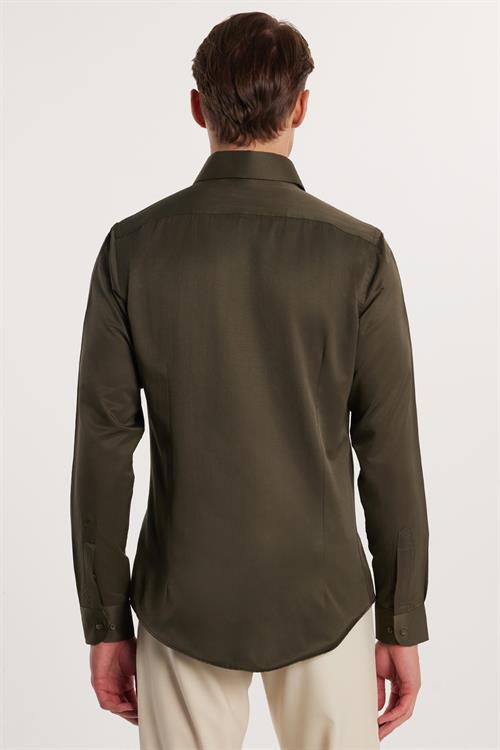 Erkek Slim Fit Dar Kesim Pamuklu Haki Gömlek