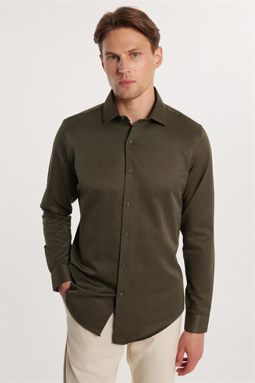 Erkek Slim Fit Dar Kesim Pamuklu Haki Gömlek