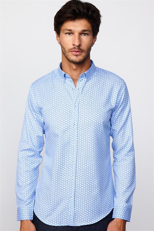 Slim Fit Uzun Kollu Düğmeli Yaka Pamuklu Kolay Ütü Desenli Erkek Gömlek