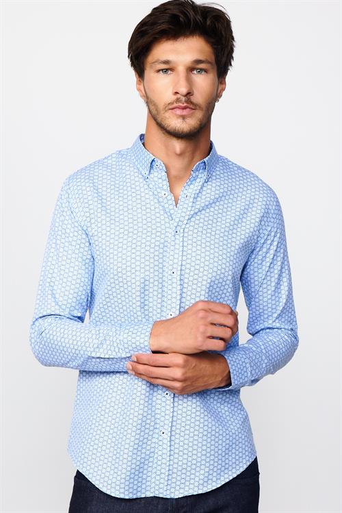 Slim Fit Uzun Kollu Düğmeli Yaka Pamuklu Kolay Ütü Desenli Erkek Gömlek