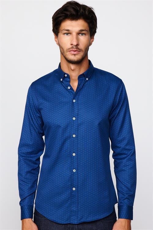 Slim Fit Uzun Kollu Düğmeli Yaka Pamuklu Kolay Ütü Desenli Erkek Gömlek