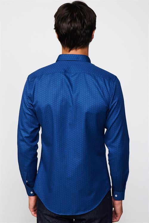 Slim Fit Uzun Kollu Düğmeli Yaka Pamuklu Kolay Ütü Desenli Erkek Gömlek