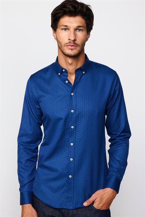 Slim Fit Uzun Kollu Düğmeli Yaka Pamuklu Kolay Ütü Desenli Erkek Gömlek