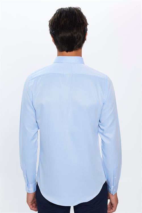 Erkek Slim Fit Dar Kesim Uzun Kollu Pamuklu Kolay Ütü Mavi Düğmeli Yaka Gömlek