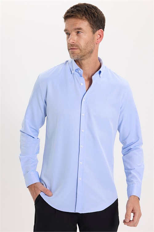 Erkek Slim Fit Dar Kesim Uzun Kollu Pamuklu Kolay Ütülenebilir Mavi Düğmeli Yaka Gömlek