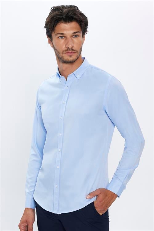 Erkek Slim Fit Dar Kesim Uzun Kollu Pamuklu Kolay Ütü Mavi Düğmeli Yaka Gömlek