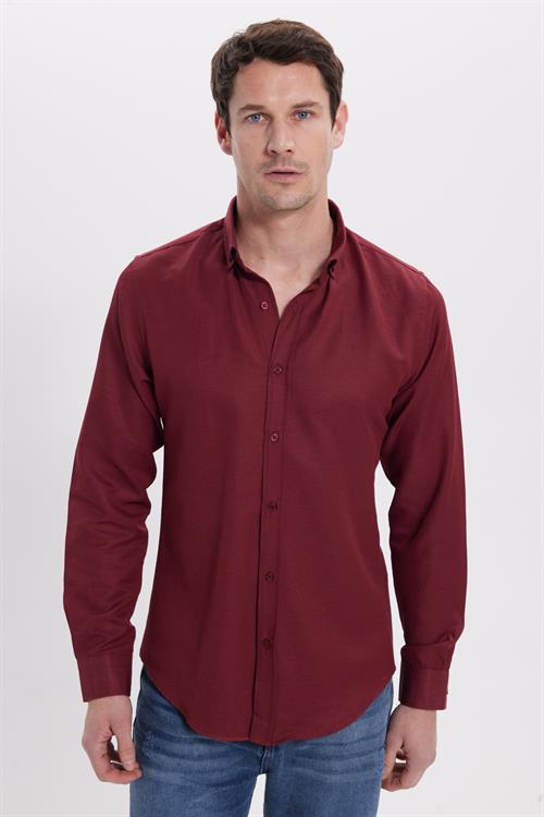 Slim Fit Uzun Kollu Düğmeli Yaka Pamuklu Kolay Ütü Düz Erkek Gömlek