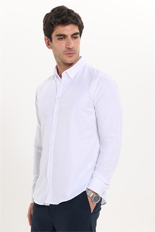 Erkek Slim Fit Dar Kesim Uzun Kollu Pamuklu Kolay Ütülenebilir Beyaz Düğmeli Yaka Gömlek