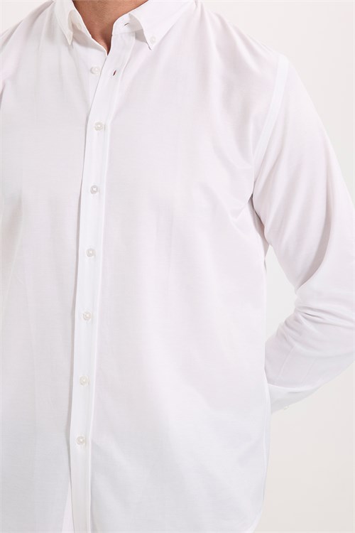 Erkek Slim Fit Dar Kesim Uzun Kollu Pamuklu Kolay Ütülenebilir Beyaz Düğmeli Yaka Gömlek