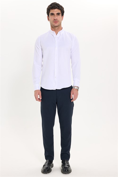 Erkek Slim Fit Dar Kesim Uzun Kollu Pamuklu Kolay Ütülenebilir Beyaz Düğmeli Yaka Gömlek