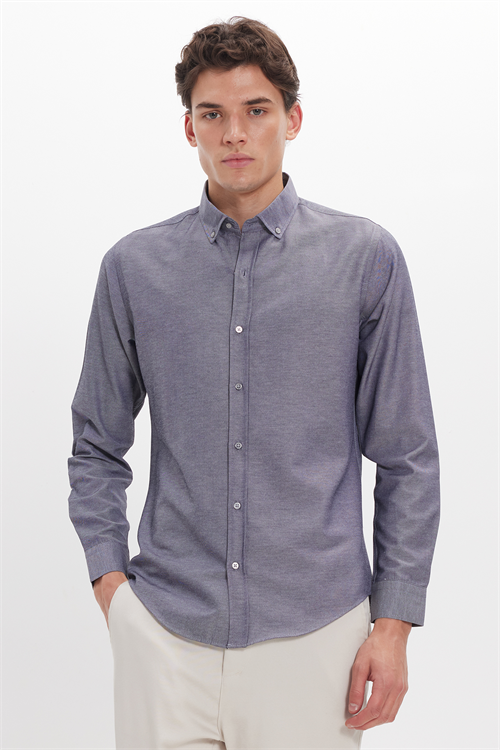 Slim Fit Uzun Kollu Düğmeli Yaka Pamuklu Kolay Ütü Düz Erkek Gömlek