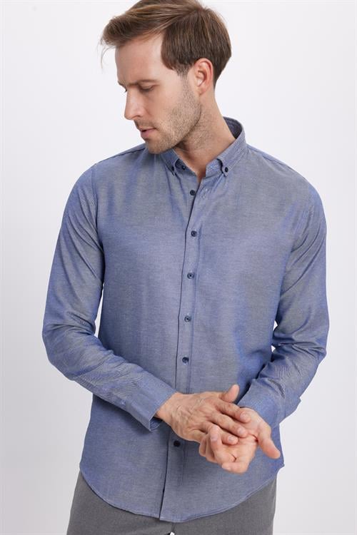 Slim Fit Uzun Kollu Düğmeli Yaka Pamuklu Kolay Ütü Düz Erkek Gömlek