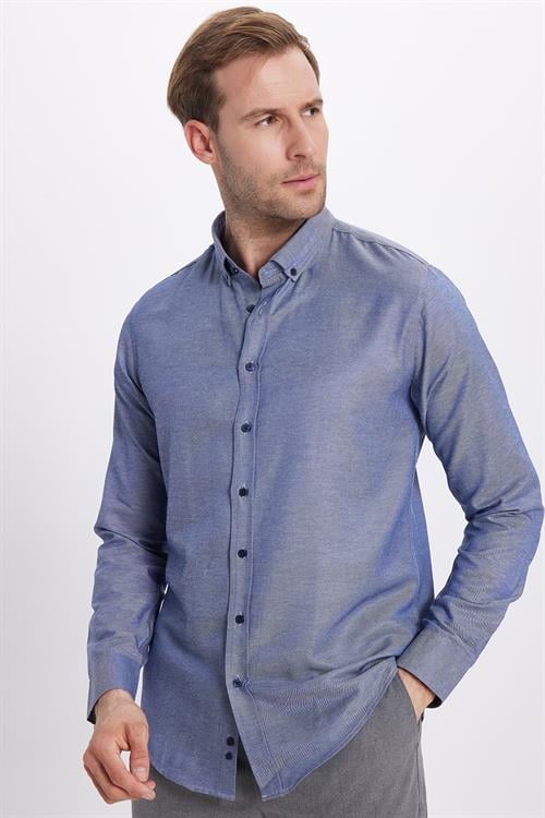Slim Fit Uzun Kollu Düğmeli Yaka Pamuklu Kolay Ütü Düz Erkek Gömlek
