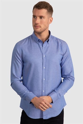 Slim Fit Uzun Kollu Düğmeli Yaka Pamuklu Kolay Ütü Düz Erkek Gömlek