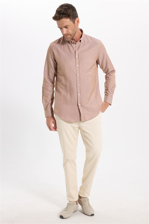 Slim Fit Uzun Kollu Düğmeli Yaka Pamuklu Kolay Ütülenebilir Düz Erkek Gömlek