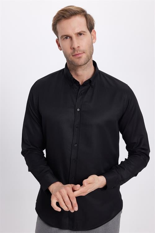 Slim Fit Uzun Kollu Düğmeli Yaka Pamuklu Kolay Ütü Düz Erkek Gömlek