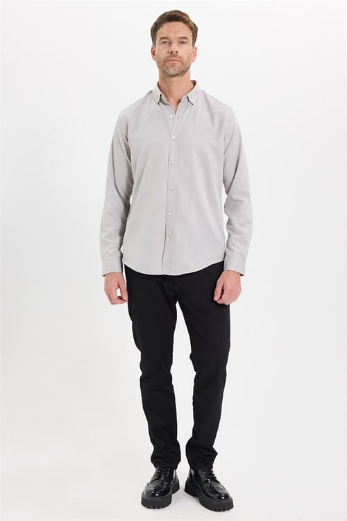 Erkek Slim Fit Dar Kesim Pamuklu Kolay Ütülenebilir Gri Düğmeli Yaka Gömlek