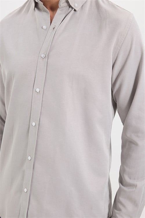 Erkek Slim Fit Dar Kesim Pamuklu Kolay Ütülenebilir Gri Düğmeli Yaka Gömlek