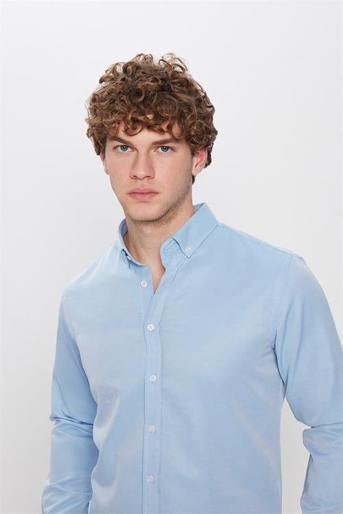 Slim Fit Düğmeli Yaka Pamuklu Kolay Ütü Düz Erkek Gömlek