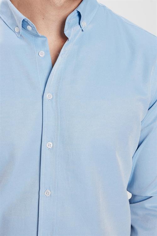 Slim Fit Düğmeli Yaka Pamuklu Kolay Ütü Düz Erkek Gömlek